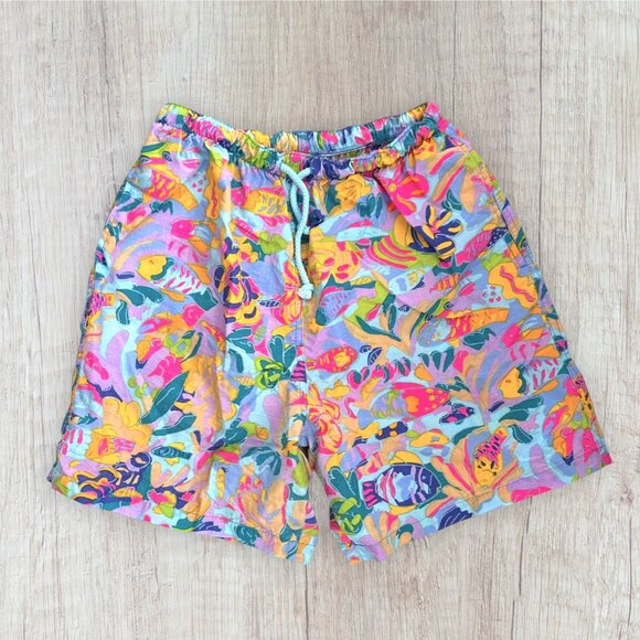 KEN DONE Vintage 90s Mens Swim Shorts Trunks USA Tropical Art Design Swimsuit M - Picture 1 of 5
